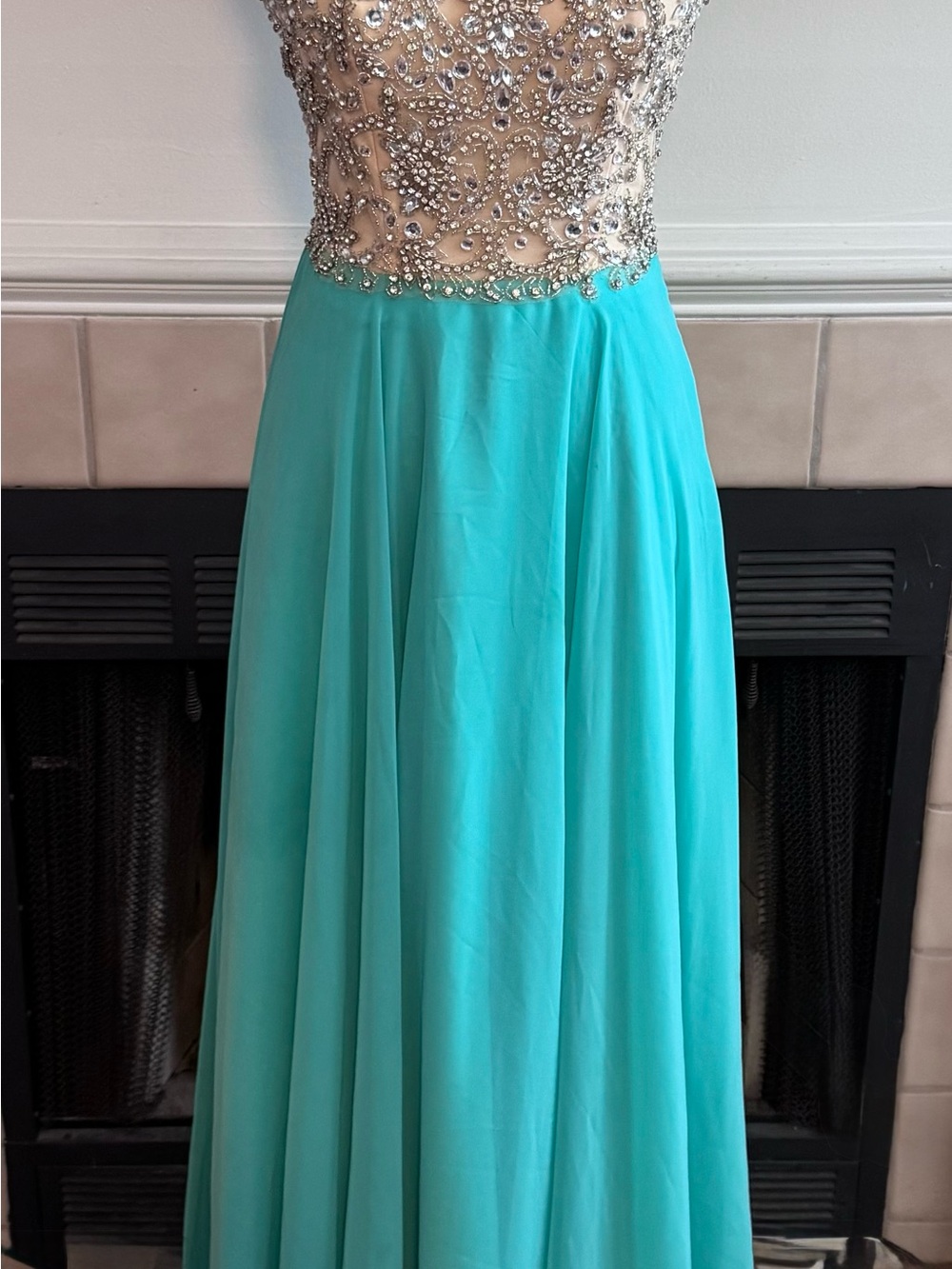 Coya Collections Cream and Mint Green  Ballgown with Sequin Illustration Bodice